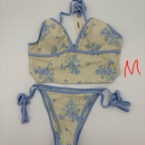 Floral Blue Trim Bikini Set